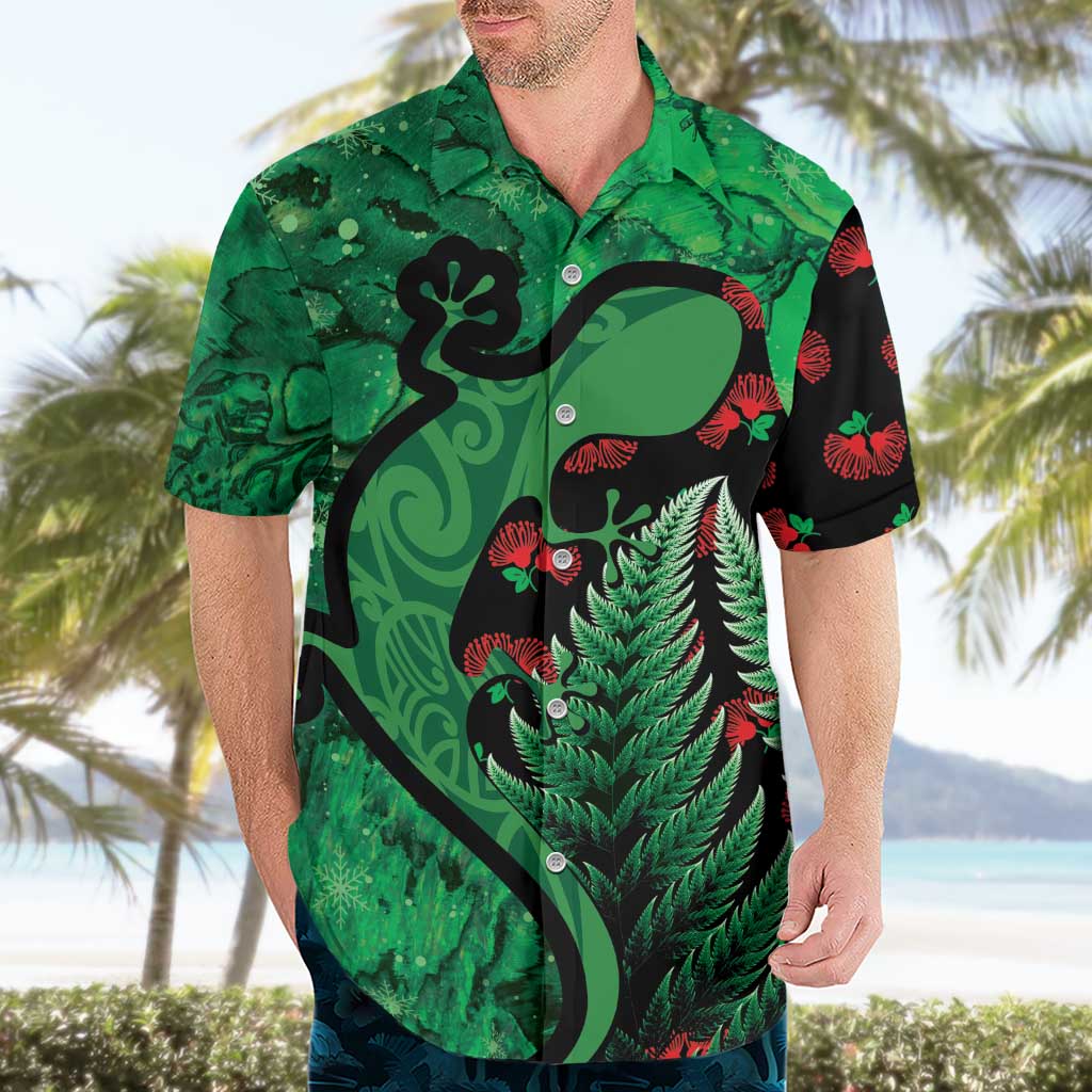 New Zealand Gecko Christmas Hawaiian Shirt Meri Kirihimete Paua Shell Mix Pohutukawa LT14 - Polynesian Pride