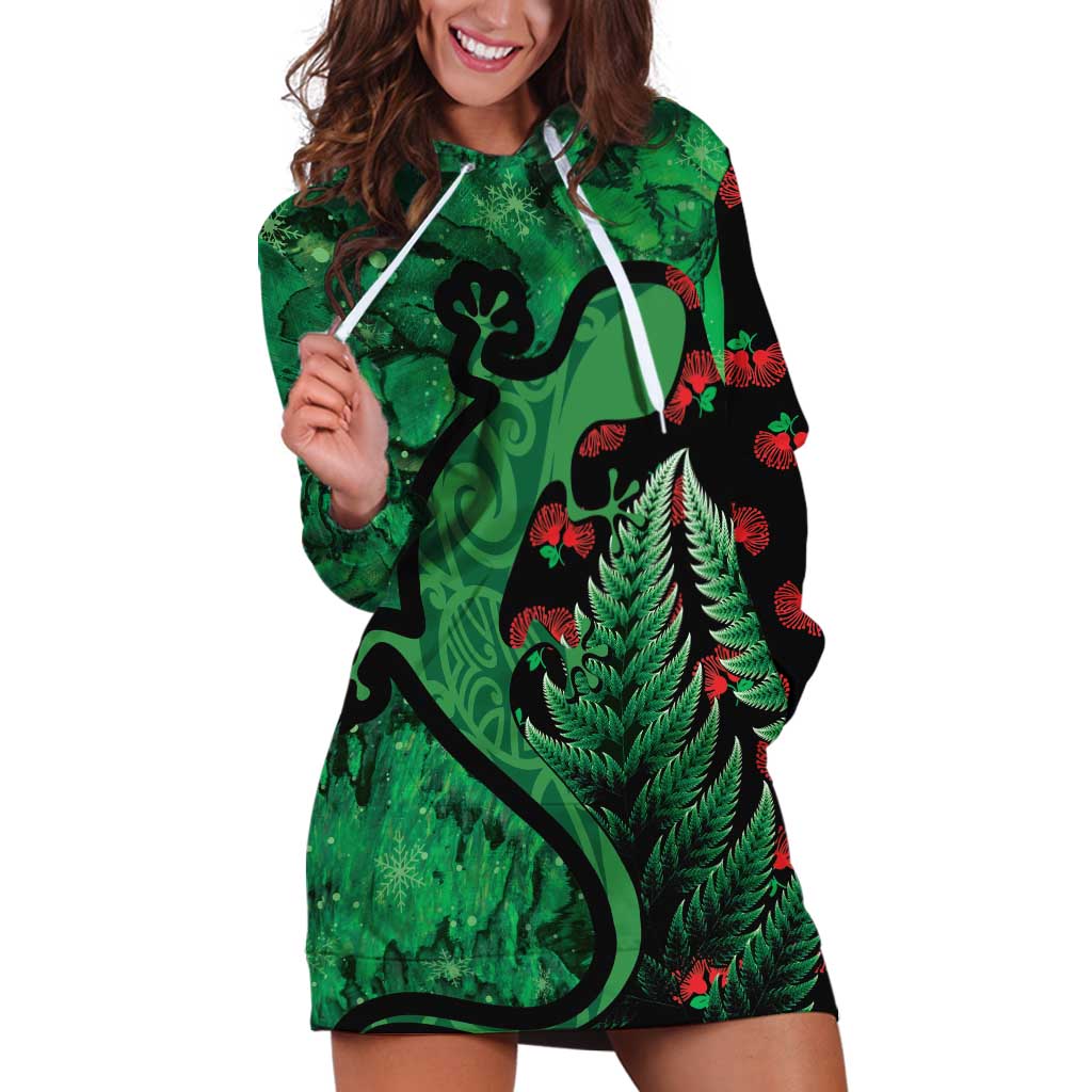 New Zealand Gecko Christmas Hoodie Dress Meri Kirihimete Paua Shell Mix Pohutukawa LT14 Green - Polynesian Pride