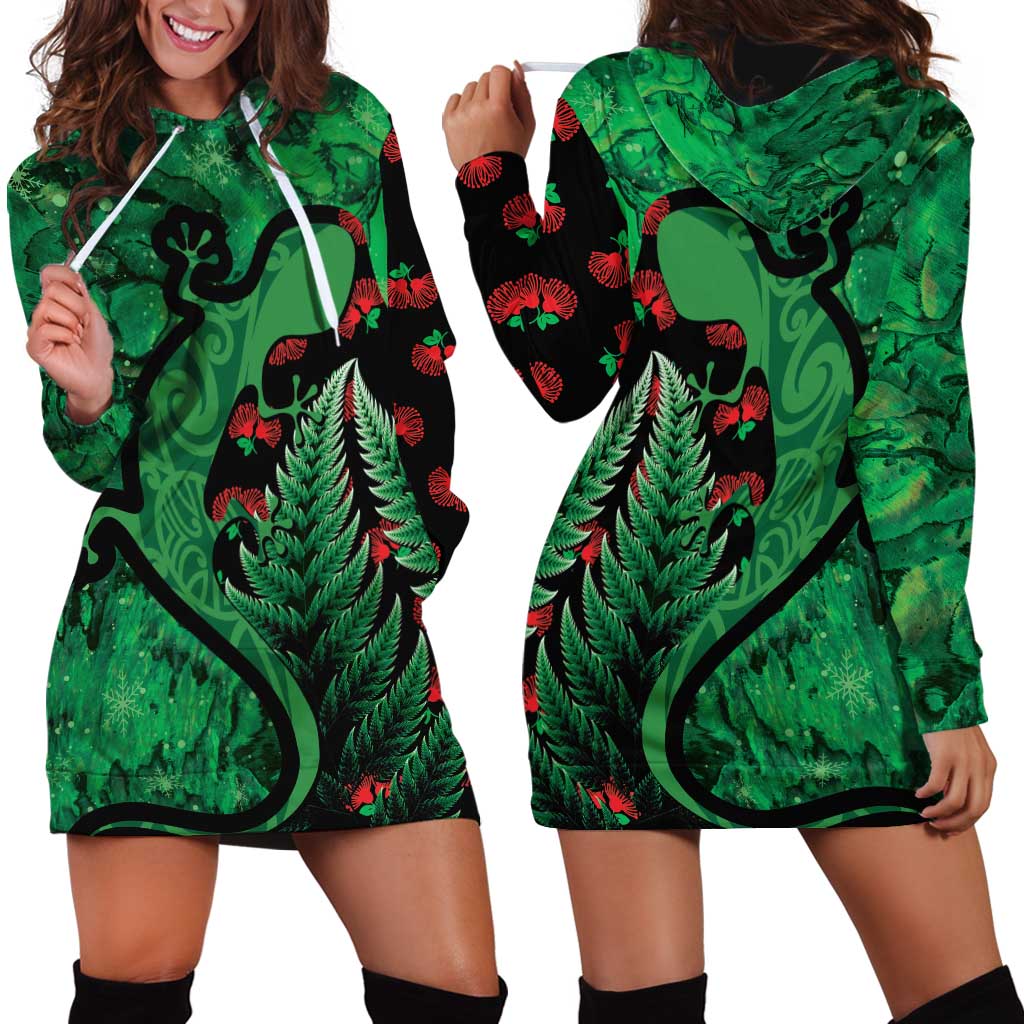 New Zealand Gecko Christmas Hoodie Dress Meri Kirihimete Paua Shell Mix Pohutukawa LT14 - Polynesian Pride