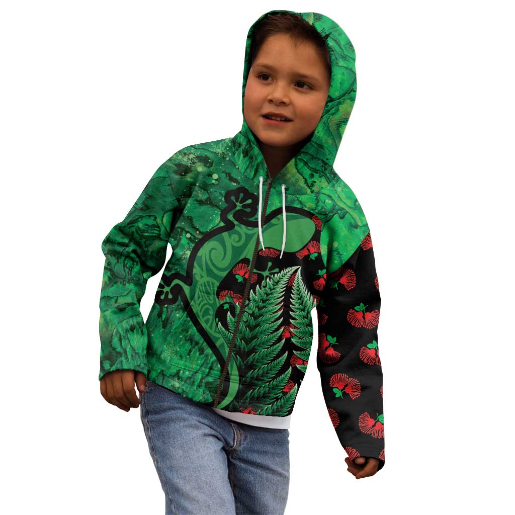 New Zealand Gecko Christmas Kid Hoodie Meri Kirihimete Paua Shell Mix Pohutukawa LT14 - Polynesian Pride