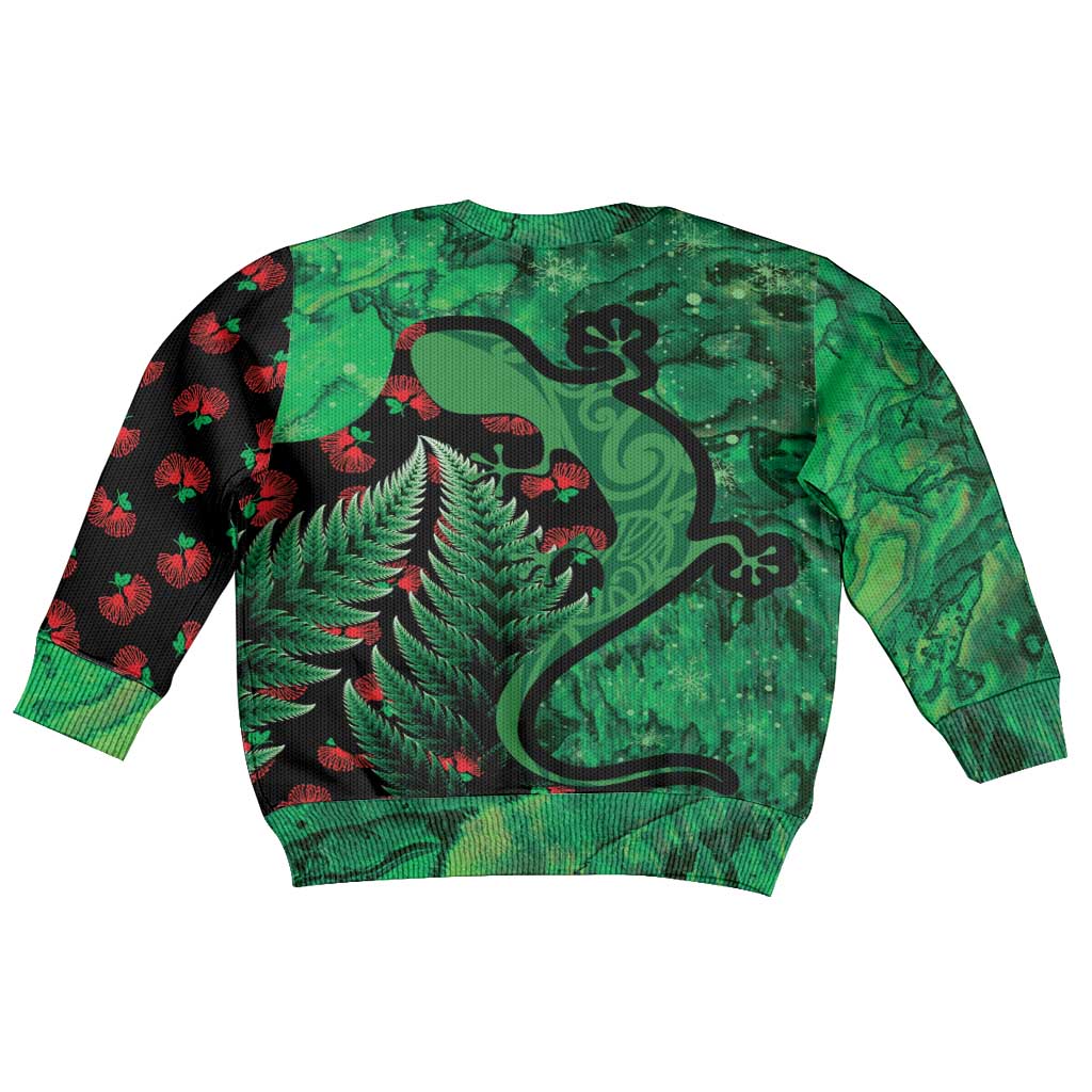 New Zealand Gecko Christmas Kid Ugly Christmas Sweater Meri Kirihimete Paua Shell Mix Pohutukawa LT14 - Polynesian Pride