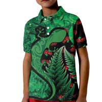 New Zealand Gecko Christmas Kid Polo Shirt Meri Kirihimete Paua Shell Mix Pohutukawa LT14 Kid Green - Polynesian Pride