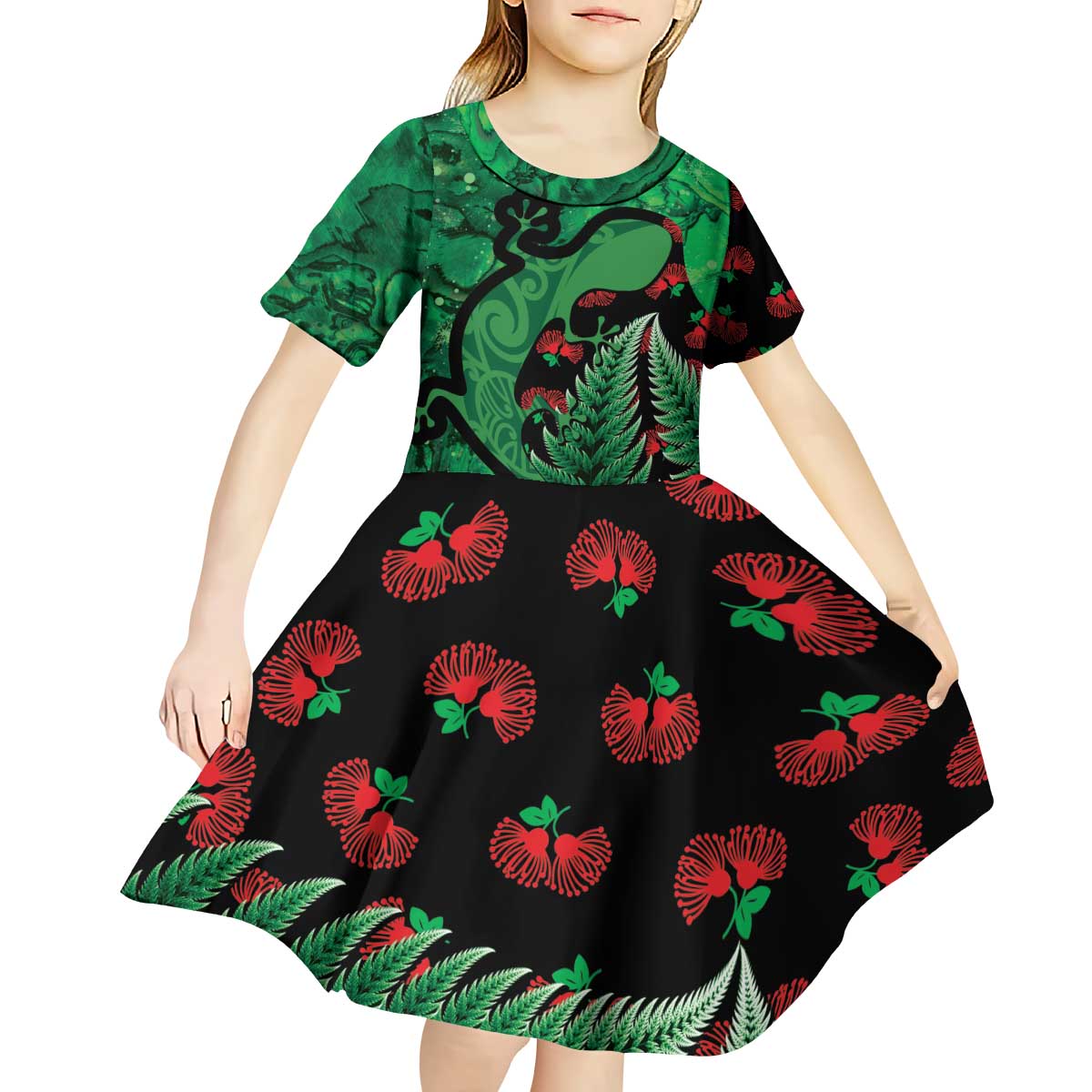 New Zealand Gecko Christmas Kid Short Sleeve Dress Meri Kirihimete Paua Shell Mix Pohutukawa LT14 - Polynesian Pride