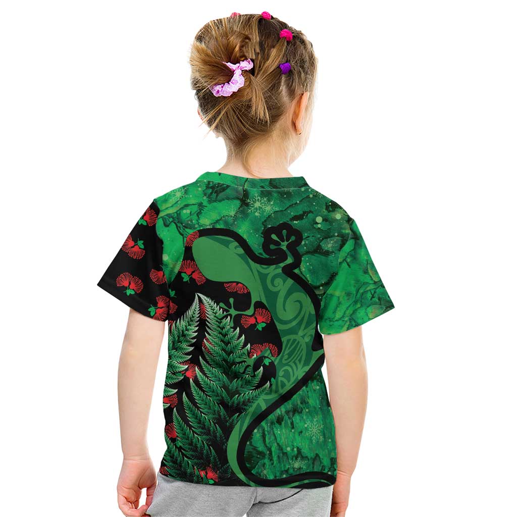 New Zealand Gecko Christmas Kid T Shirt Meri Kirihimete Paua Shell Mix Pohutukawa LT14 - Polynesian Pride