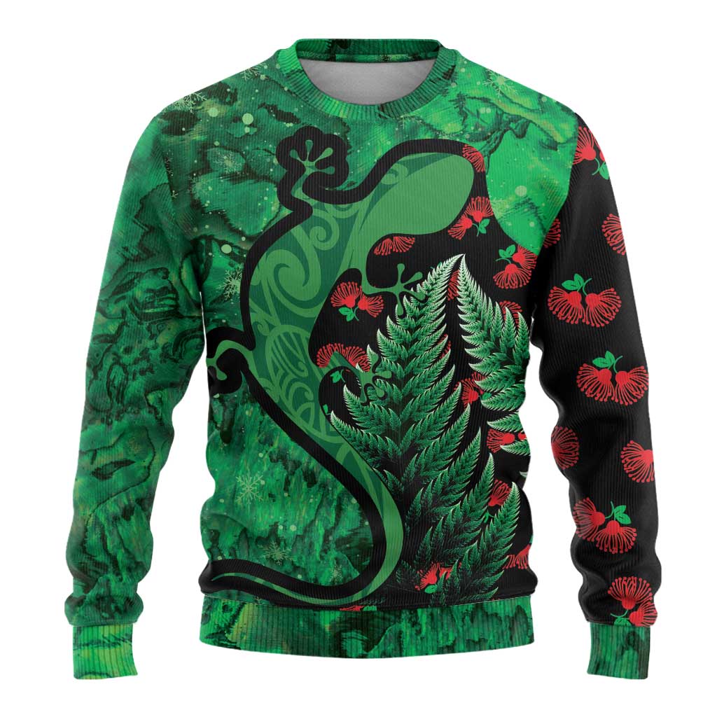 New Zealand Gecko Christmas Ugly Christmas Sweater Meri Kirihimete Paua Shell Mix Pohutukawa LT14 - Polynesian Pride