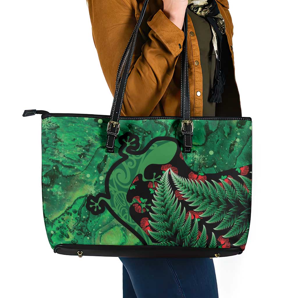 New Zealand Gecko Christmas Leather Tote Bag Meri Kirihimete Paua Shell Mix Pohutukawa LT14 - Polynesian Pride