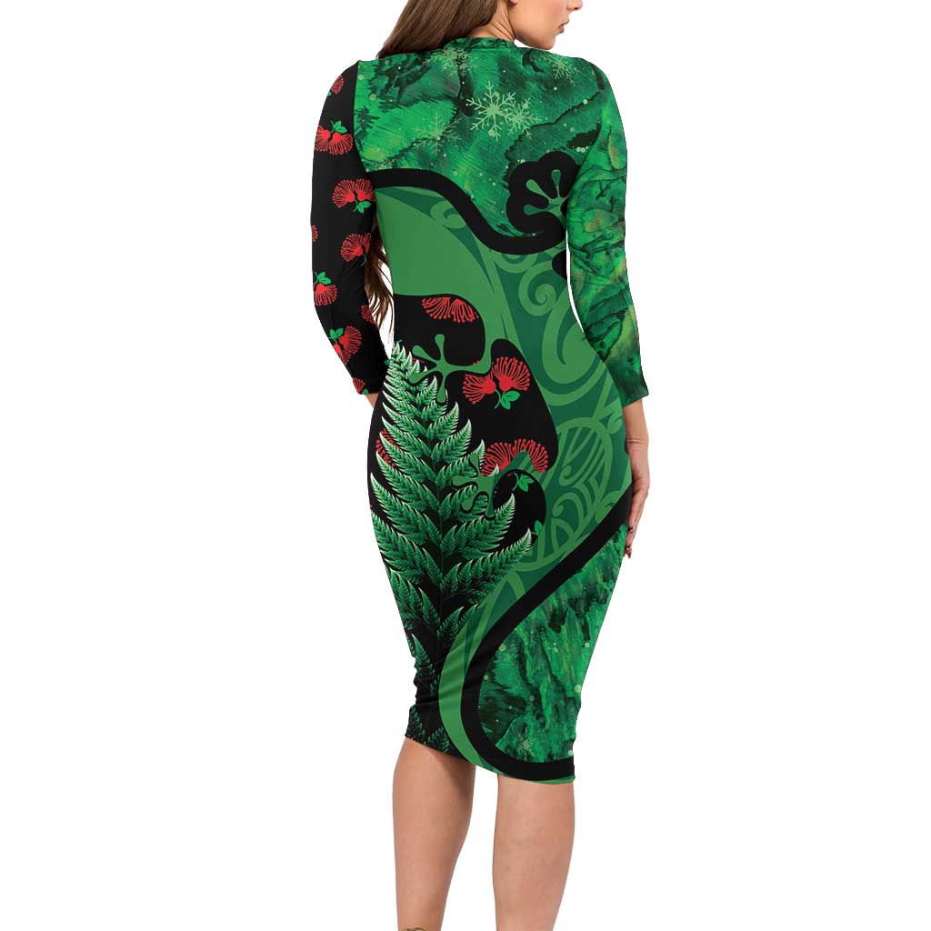 New Zealand Gecko Christmas Long Sleeve Bodycon Dress Meri Kirihimete Paua Shell Mix Pohutukawa LT14 - Polynesian Pride