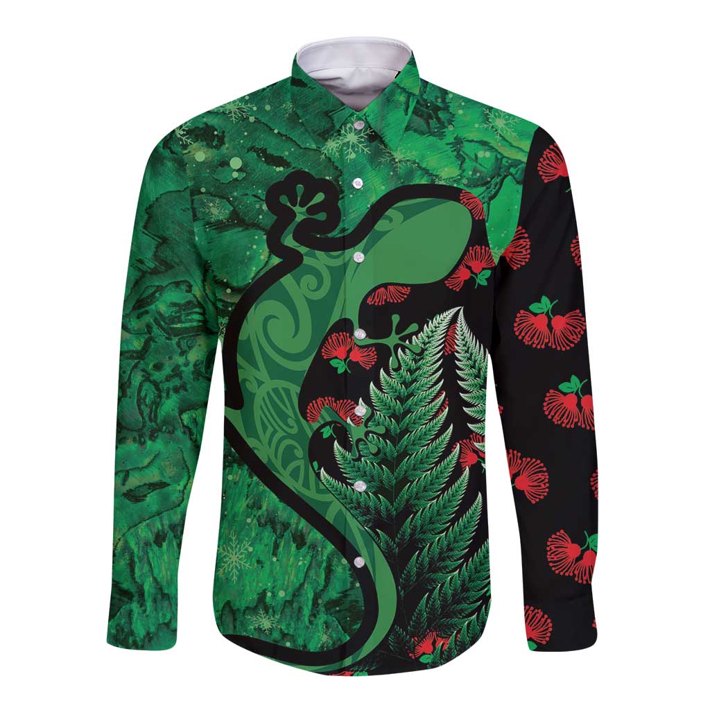 New Zealand Gecko Christmas Long Sleeve Button Shirt Meri Kirihimete Paua Shell Mix Pohutukawa LT14 Unisex Green - Polynesian Pride
