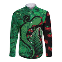 New Zealand Gecko Christmas Long Sleeve Button Shirt Meri Kirihimete Paua Shell Mix Pohutukawa LT14 Unisex Green - Polynesian Pride
