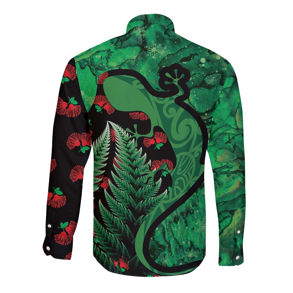 New Zealand Gecko Christmas Long Sleeve Button Shirt Meri Kirihimete Paua Shell Mix Pohutukawa LT14 - Polynesian Pride