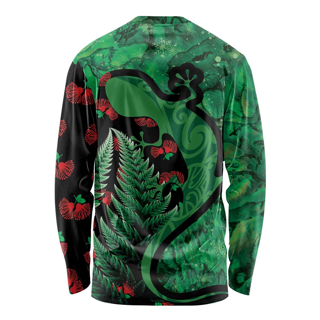 New Zealand Gecko Christmas Long Sleeve Shirt Meri Kirihimete Paua Shell Mix Pohutukawa LT14 - Polynesian Pride