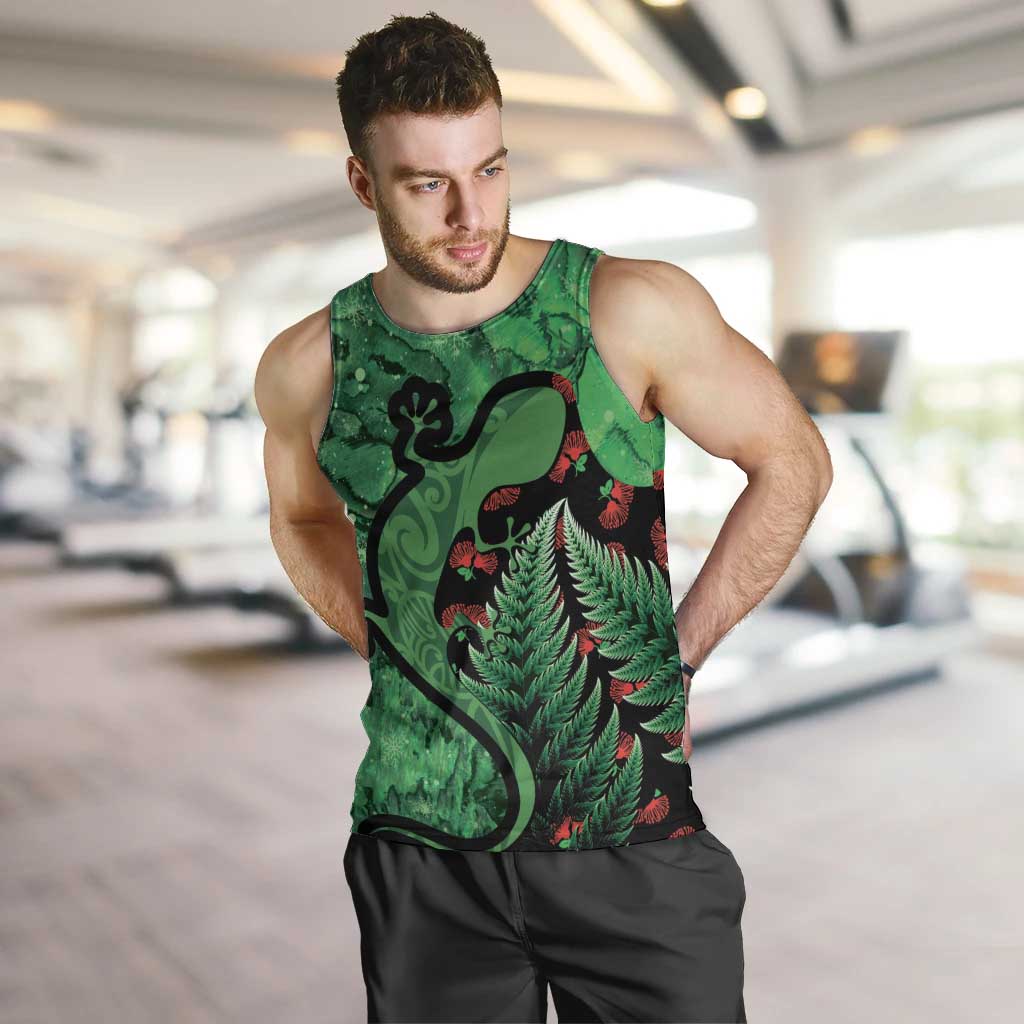 New Zealand Gecko Christmas Men Tank Top Meri Kirihimete Paua Shell Mix Pohutukawa LT14 Green - Polynesian Pride