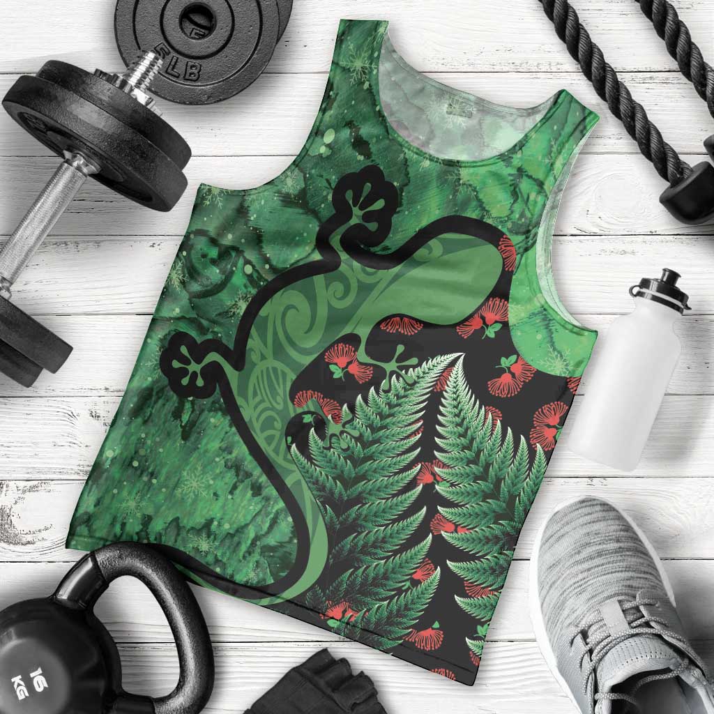 New Zealand Gecko Christmas Men Tank Top Meri Kirihimete Paua Shell Mix Pohutukawa LT14 - Polynesian Pride