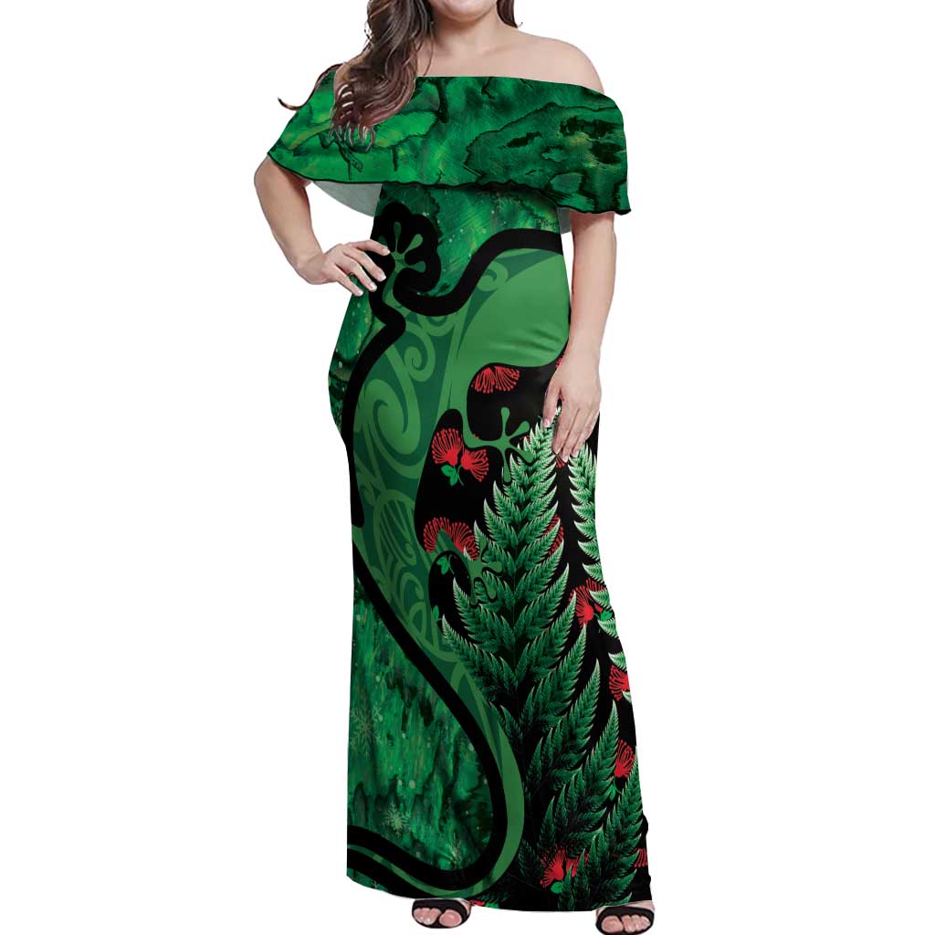 New Zealand Gecko Christmas Off Shoulder Maxi Dress Meri Kirihimete Paua Shell Mix Pohutukawa LT14 Women Green - Polynesian Pride