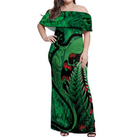 New Zealand Gecko Christmas Off Shoulder Maxi Dress Meri Kirihimete Paua Shell Mix Pohutukawa LT14 Women Green - Polynesian Pride