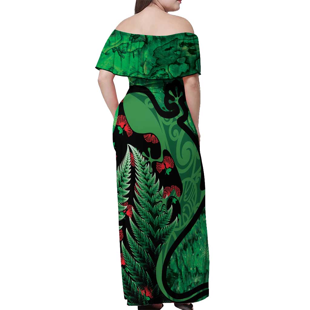 New Zealand Gecko Christmas Off Shoulder Maxi Dress Meri Kirihimete Paua Shell Mix Pohutukawa LT14 - Polynesian Pride