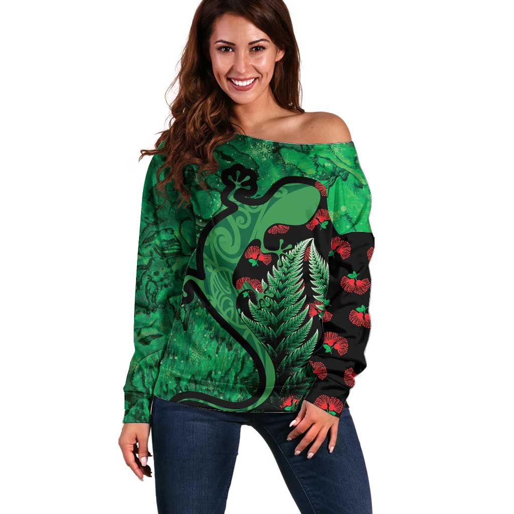 New Zealand Gecko Christmas Off Shoulder Sweater Meri Kirihimete Paua Shell Mix Pohutukawa LT14 Women Green - Polynesian Pride