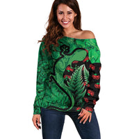 New Zealand Gecko Christmas Off Shoulder Sweater Meri Kirihimete Paua Shell Mix Pohutukawa LT14 Women Green - Polynesian Pride