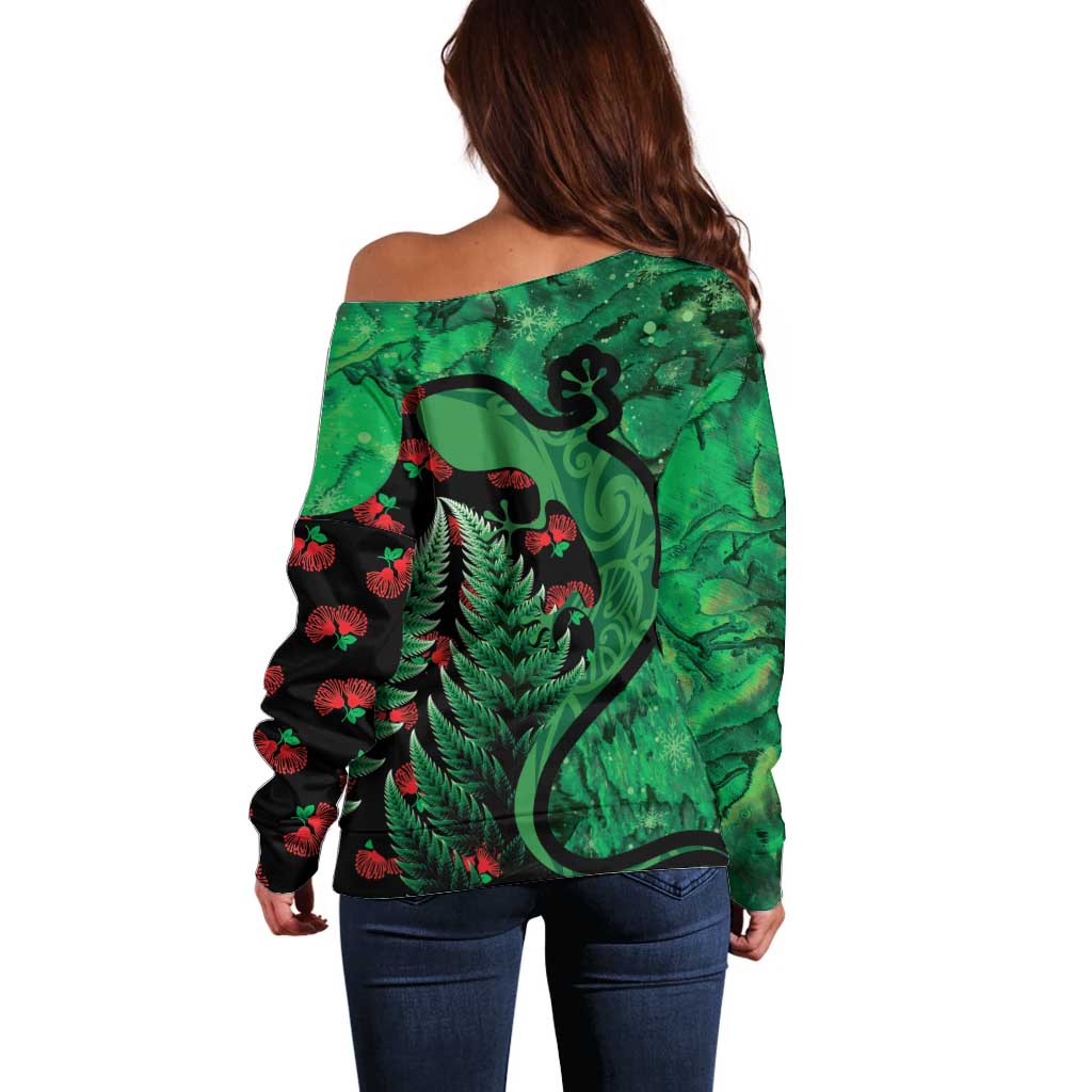 New Zealand Gecko Christmas Off Shoulder Sweater Meri Kirihimete Paua Shell Mix Pohutukawa LT14 - Polynesian Pride