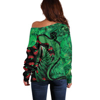 New Zealand Gecko Christmas Off Shoulder Sweater Meri Kirihimete Paua Shell Mix Pohutukawa LT14 - Polynesian Pride