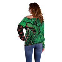 New Zealand Gecko Christmas Off Shoulder Sweater Meri Kirihimete Paua Shell Mix Pohutukawa LT14 - Polynesian Pride