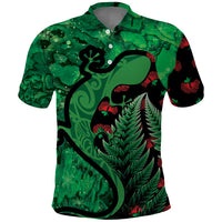 New Zealand Gecko Christmas Polo Shirt Meri Kirihimete Paua Shell Mix Pohutukawa LT14 Green - Polynesian Pride