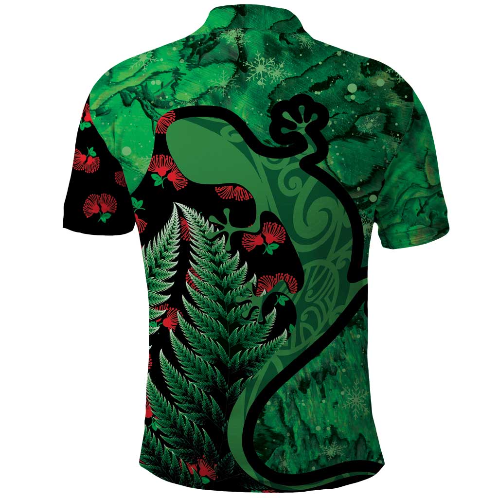 New Zealand Gecko Christmas Polo Shirt Meri Kirihimete Paua Shell Mix Pohutukawa LT14 - Polynesian Pride