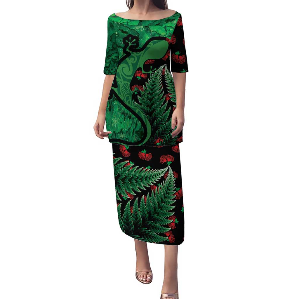 New Zealand Gecko Christmas Puletasi Meri Kirihimete Paua Shell Mix Pohutukawa LT14 Long Dress Green - Polynesian Pride
