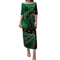 New Zealand Gecko Christmas Puletasi Meri Kirihimete Paua Shell Mix Pohutukawa LT14 Long Dress Green - Polynesian Pride