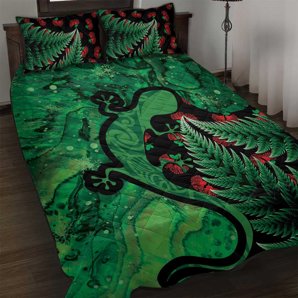 New Zealand Gecko Christmas Quilt Bed Set Meri Kirihimete Paua Shell Mix Pohutukawa LT14 Green - Polynesian Pride