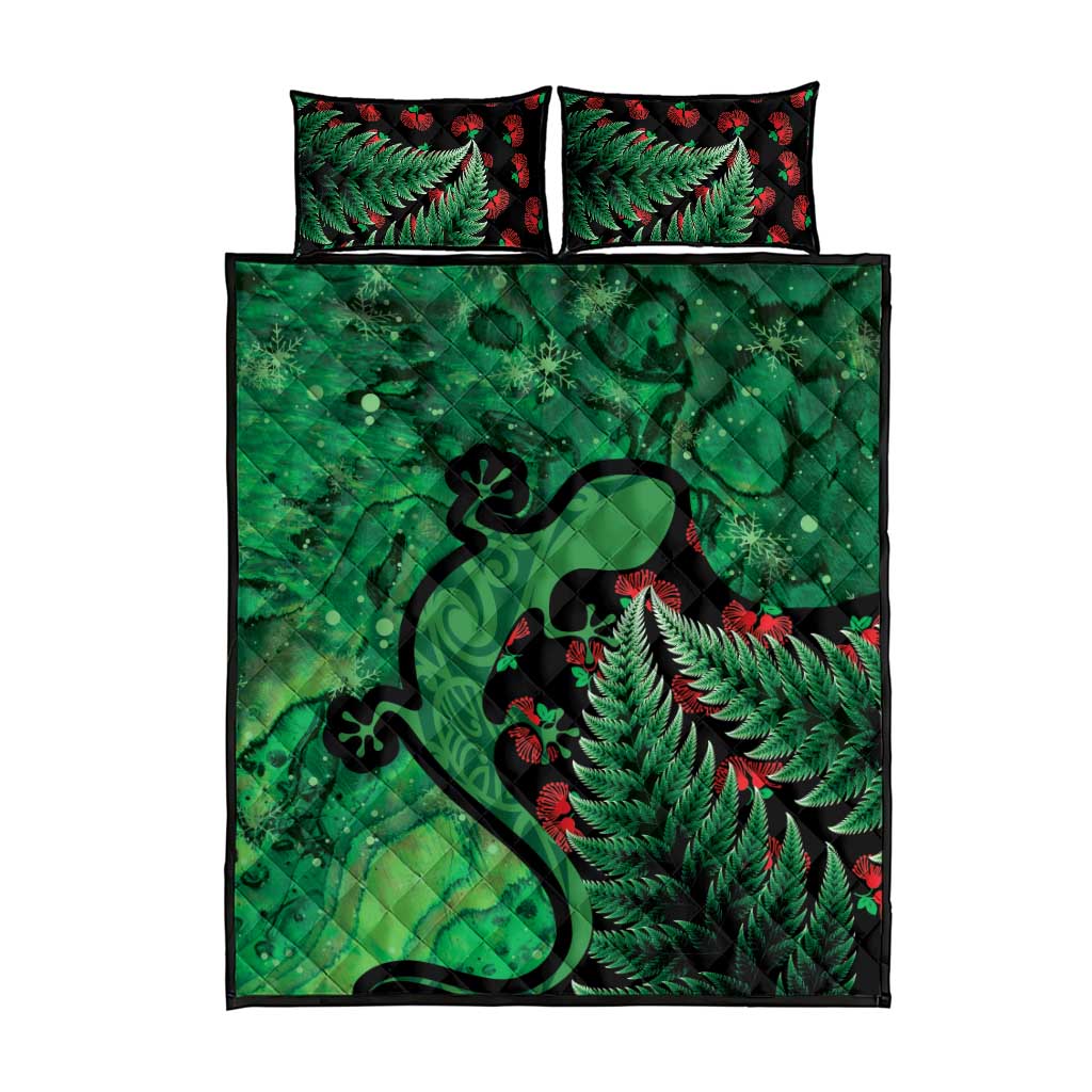 New Zealand Gecko Christmas Quilt Bed Set Meri Kirihimete Paua Shell Mix Pohutukawa LT14 - Polynesian Pride