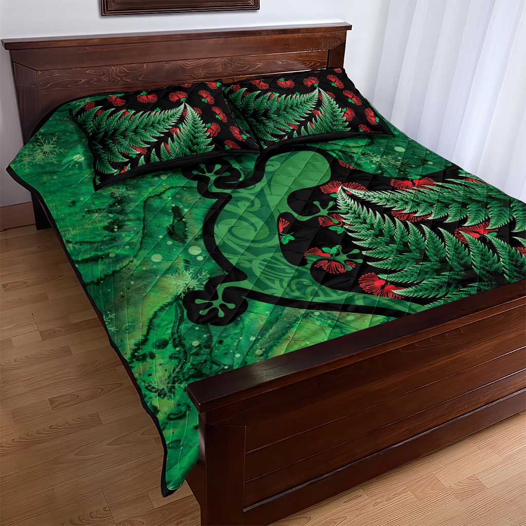 New Zealand Gecko Christmas Quilt Bed Set Meri Kirihimete Paua Shell Mix Pohutukawa LT14 - Polynesian Pride