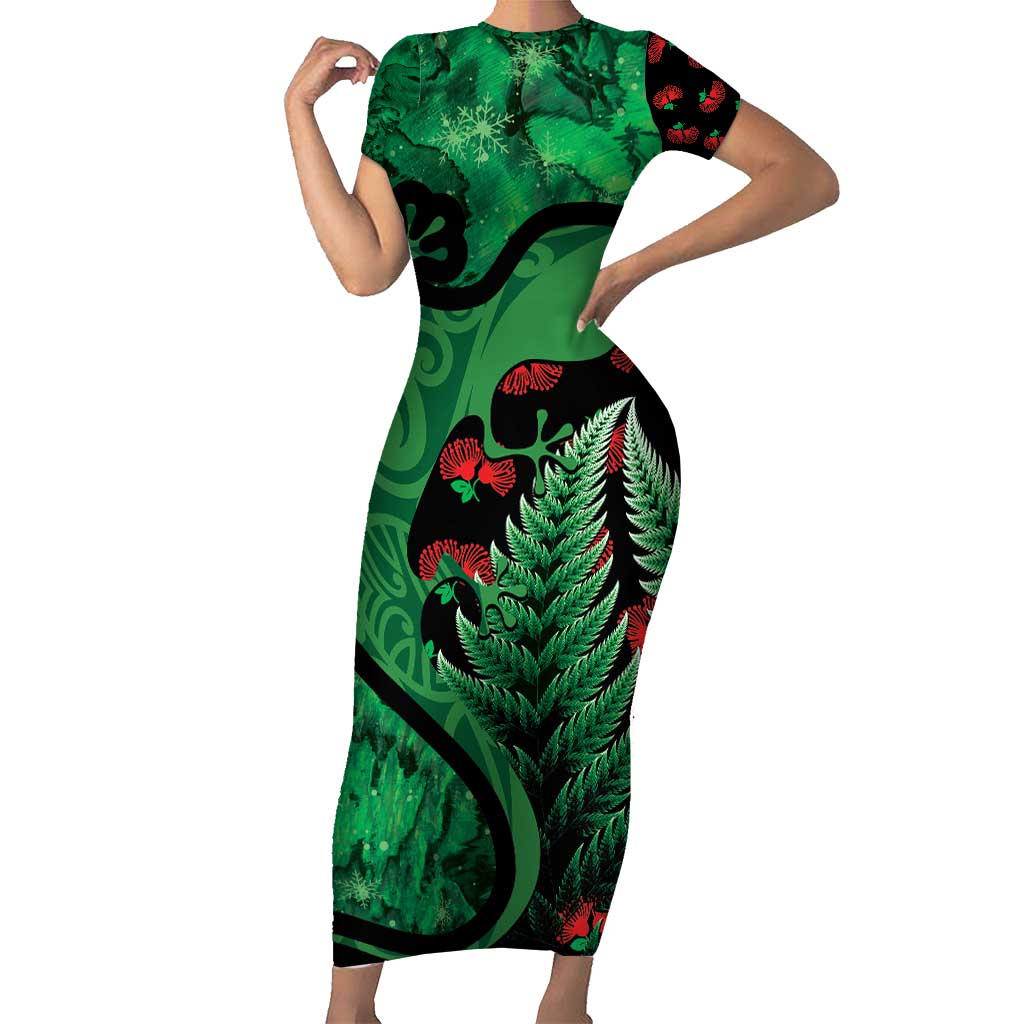 New Zealand Gecko Christmas Short Sleeve Bodycon Dress Meri Kirihimete Paua Shell Mix Pohutukawa LT14 Long Dress Green - Polynesian Pride