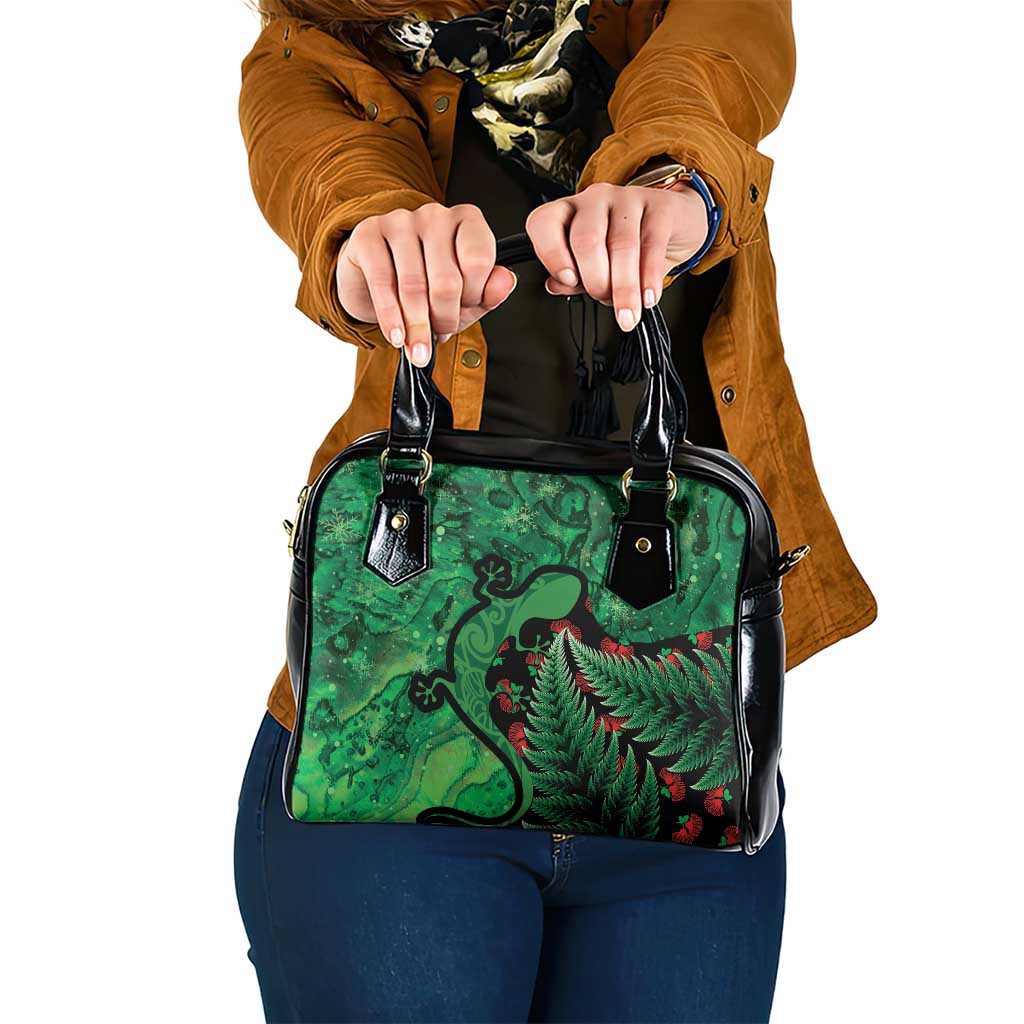 New Zealand Gecko Christmas Shoulder Handbag Meri Kirihimete Paua Shell Mix Pohutukawa LT14 One Size Green - Polynesian Pride