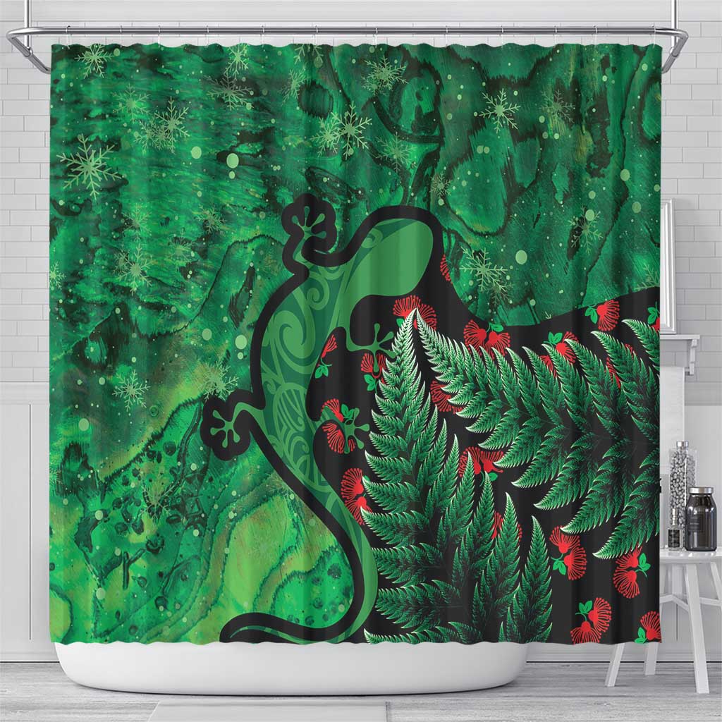 New Zealand Gecko Christmas Shower Curtain Meri Kirihimete Paua Shell Mix Pohutukawa LT14 - Polynesian Pride