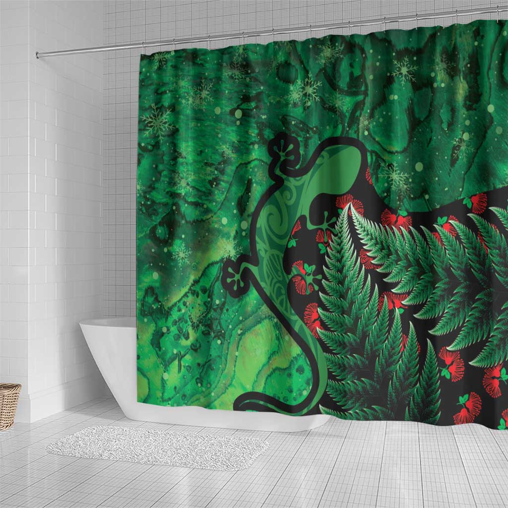 New Zealand Gecko Christmas Shower Curtain Meri Kirihimete Paua Shell Mix Pohutukawa LT14 - Polynesian Pride
