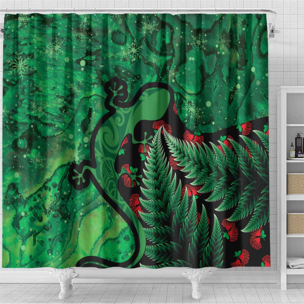 New Zealand Gecko Christmas Shower Curtain Meri Kirihimete Paua Shell Mix Pohutukawa LT14 - Polynesian Pride