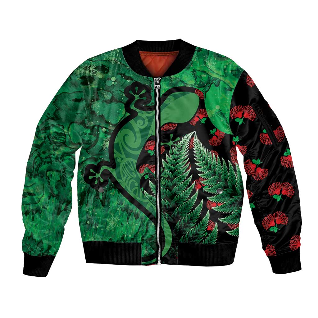 New Zealand Gecko Christmas Sleeve Zip Bomber Jacket Meri Kirihimete Paua Shell Mix Pohutukawa LT14 Unisex Green - Polynesian Pride
