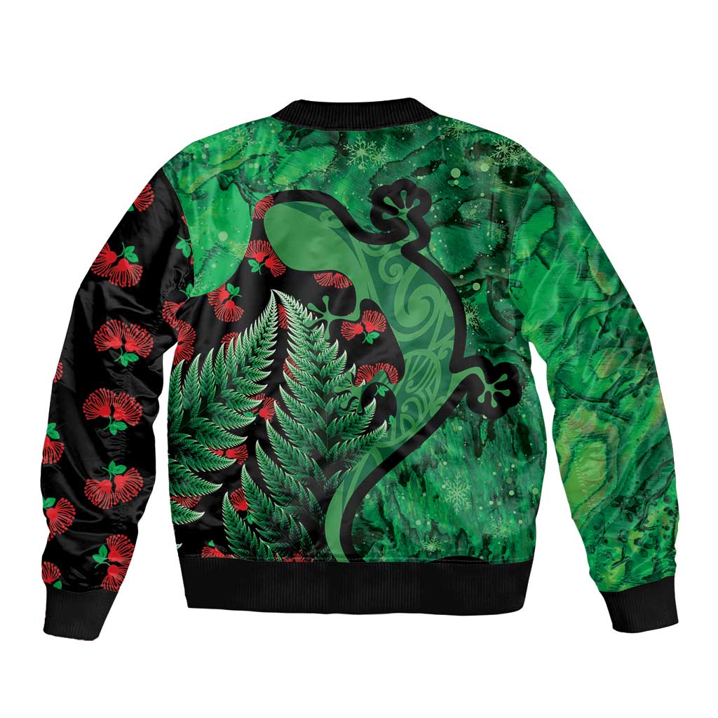 New Zealand Gecko Christmas Sleeve Zip Bomber Jacket Meri Kirihimete Paua Shell Mix Pohutukawa LT14 - Polynesian Pride