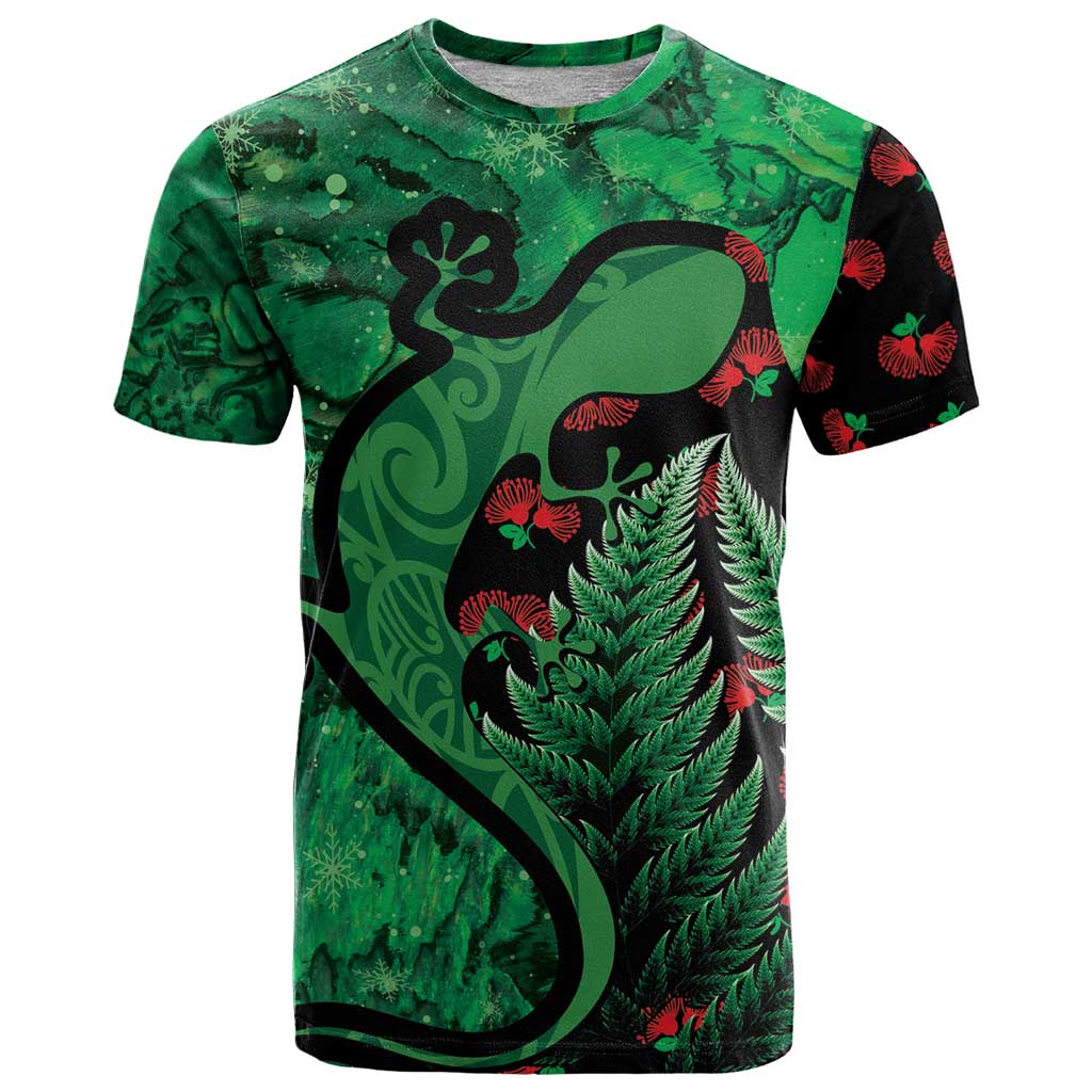 New Zealand Gecko Christmas T Shirt Meri Kirihimete Paua Shell Mix Pohutukawa LT14 Green - Polynesian Pride