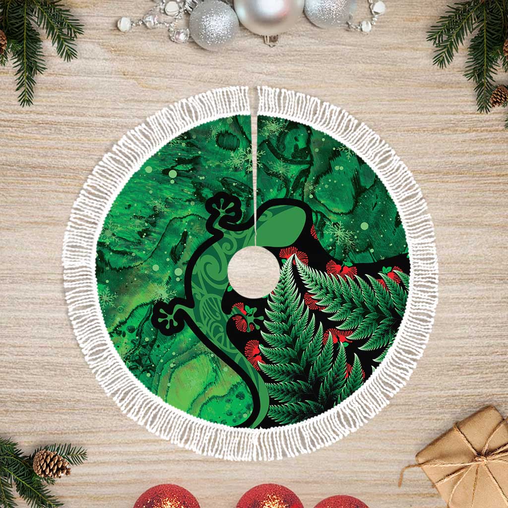 New Zealand Gecko Christmas Tree Skirt Meri Kirihimete Paua Shell Mix Pohutukawa LT14 Fringed Green - Polynesian Pride