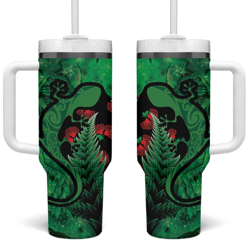 New Zealand Gecko Christmas Tumbler With Handle Meri Kirihimete Paua Shell Mix Pohutukawa LT14 One Size: 40 oz Green - Polynesian Pride