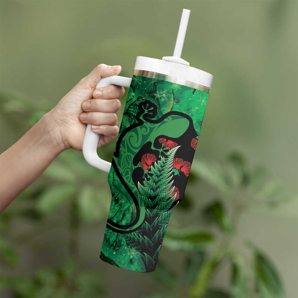 New Zealand Gecko Christmas Tumbler With Handle Meri Kirihimete Paua Shell Mix Pohutukawa LT14 - Polynesian Pride