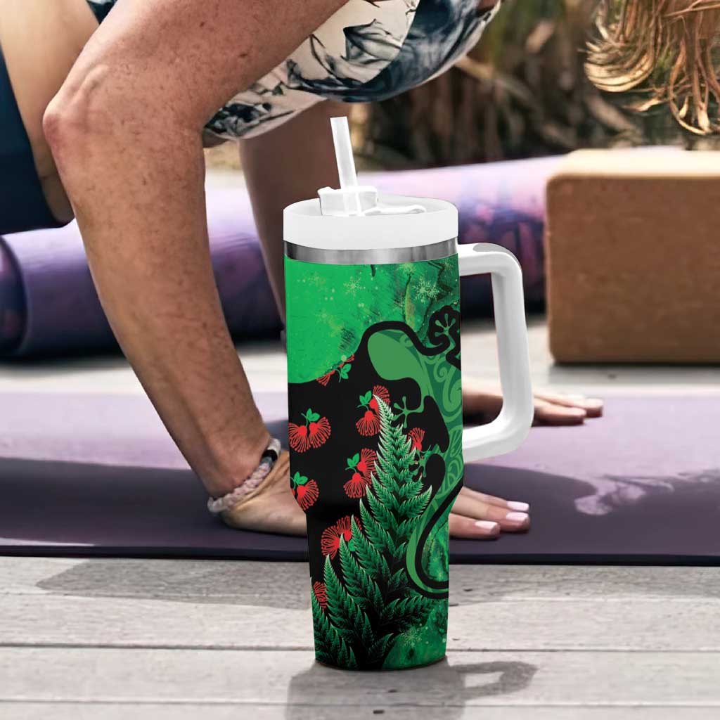 New Zealand Gecko Christmas Tumbler With Handle Meri Kirihimete Paua Shell Mix Pohutukawa LT14 - Polynesian Pride