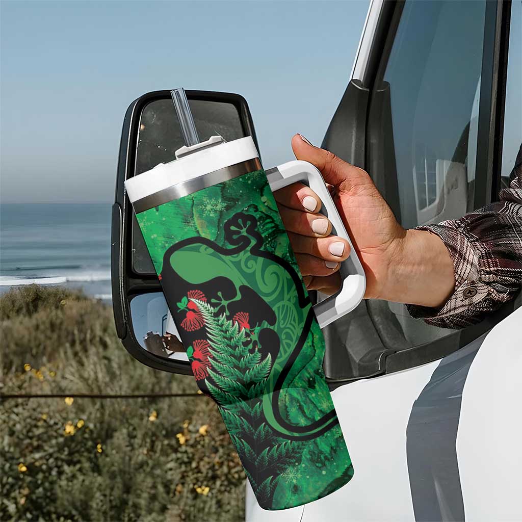 New Zealand Gecko Christmas Tumbler With Handle Meri Kirihimete Paua Shell Mix Pohutukawa LT14 - Polynesian Pride