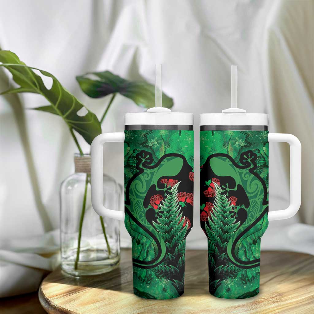 New Zealand Gecko Christmas Tumbler With Handle Meri Kirihimete Paua Shell Mix Pohutukawa LT14 - Polynesian Pride