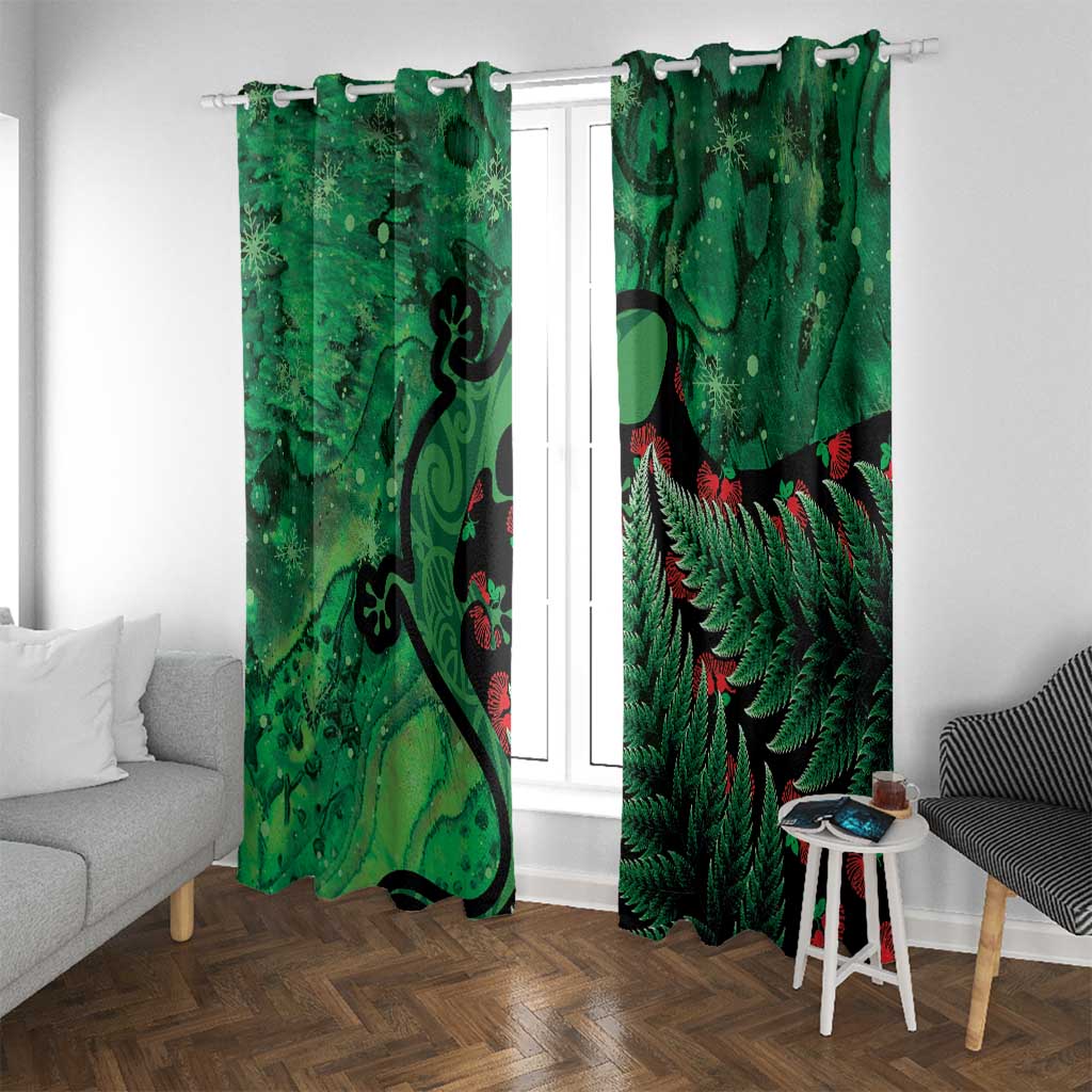 New Zealand Gecko Christmas Window Curtain Meri Kirihimete Paua Shell Mix Pohutukawa LT14 With Grommets Green - Polynesian Pride