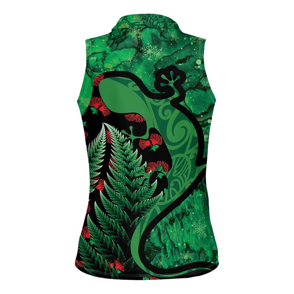 New Zealand Gecko Christmas Women Sleeveless Polo Shirt Meri Kirihimete Paua Shell Mix Pohutukawa LT14 - Polynesian Pride