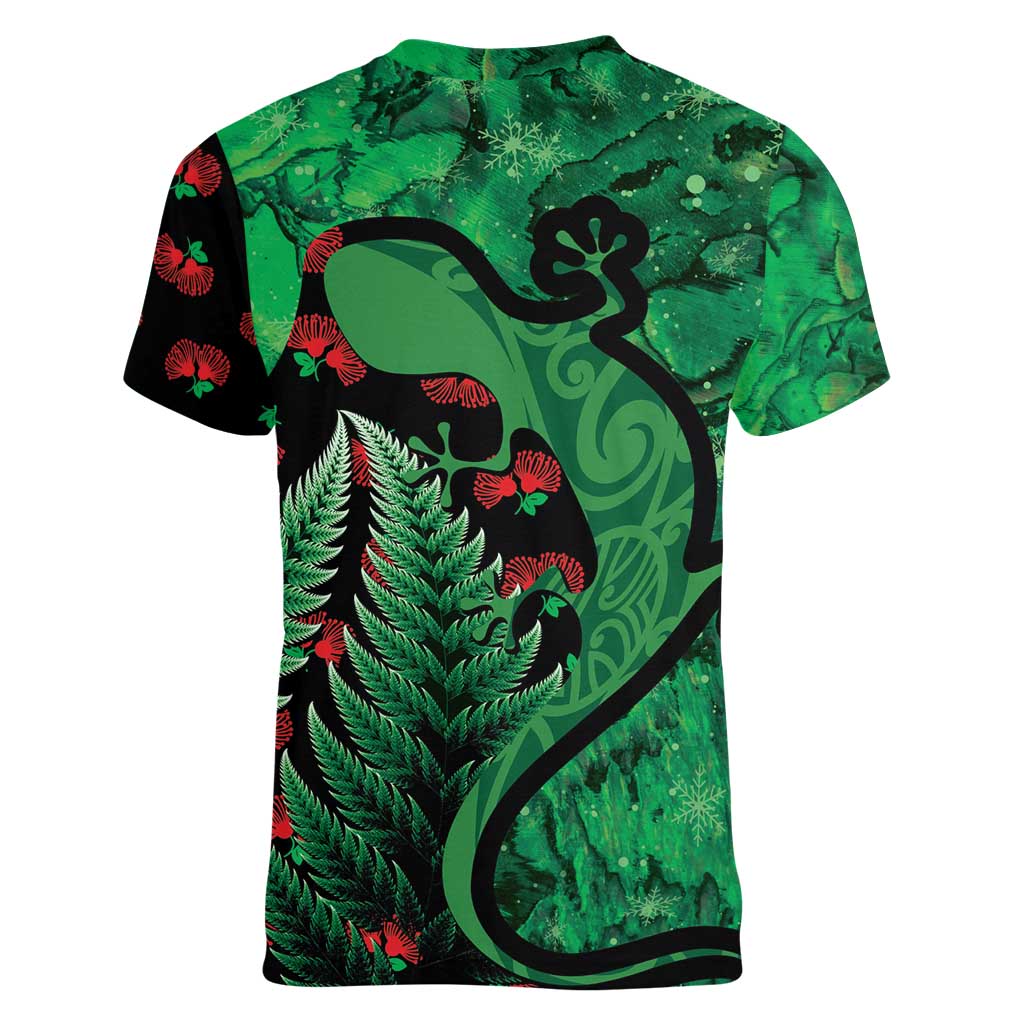 New Zealand Gecko Christmas Women V-Neck T-Shirt Meri Kirihimete Paua Shell Mix Pohutukawa LT14 - Polynesian Pride