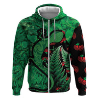 New Zealand Gecko Christmas Zip Hoodie Meri Kirihimete Paua Shell Mix Pohutukawa LT14 Zip Hoodie Green - Polynesian Pride